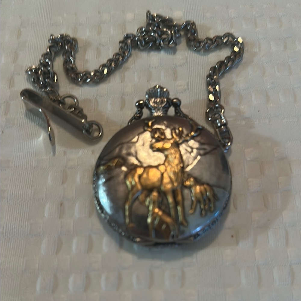 Silver and Gold Deer Pocket Watch Necklace